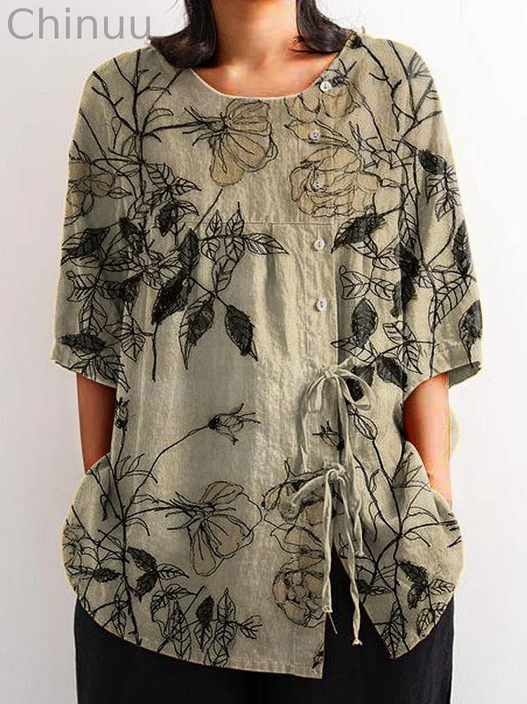 Women's Vintage Floral Art Print Casual Cotton And Linen Shirt