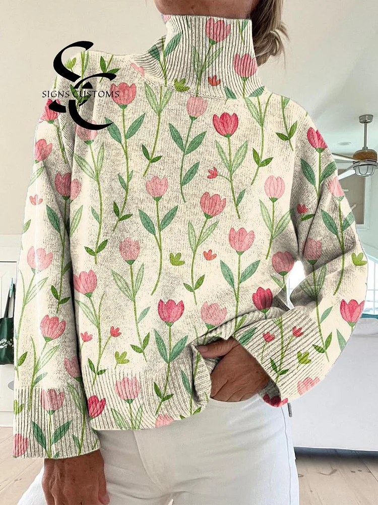 Women's Lovely Floral Pattern Art Print Knit Turtleneck Pullover Sweater