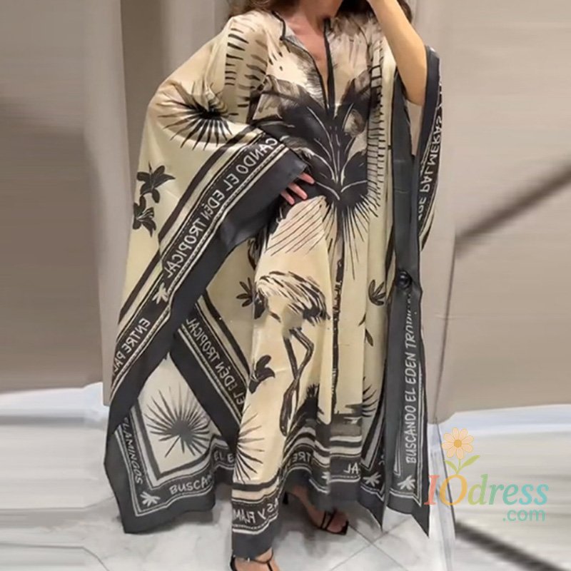 IO Dress Bohemian Female Round Neck Print Maxi Dress Summer Women Half Sleeve Loose Party Dress Ladies Casual Beach Style Dress Vestido