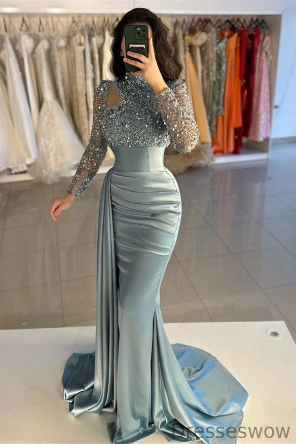 Dresseswow Dusty Blue Formal Wears Long Sleeves Mermaid Split With Sequins
