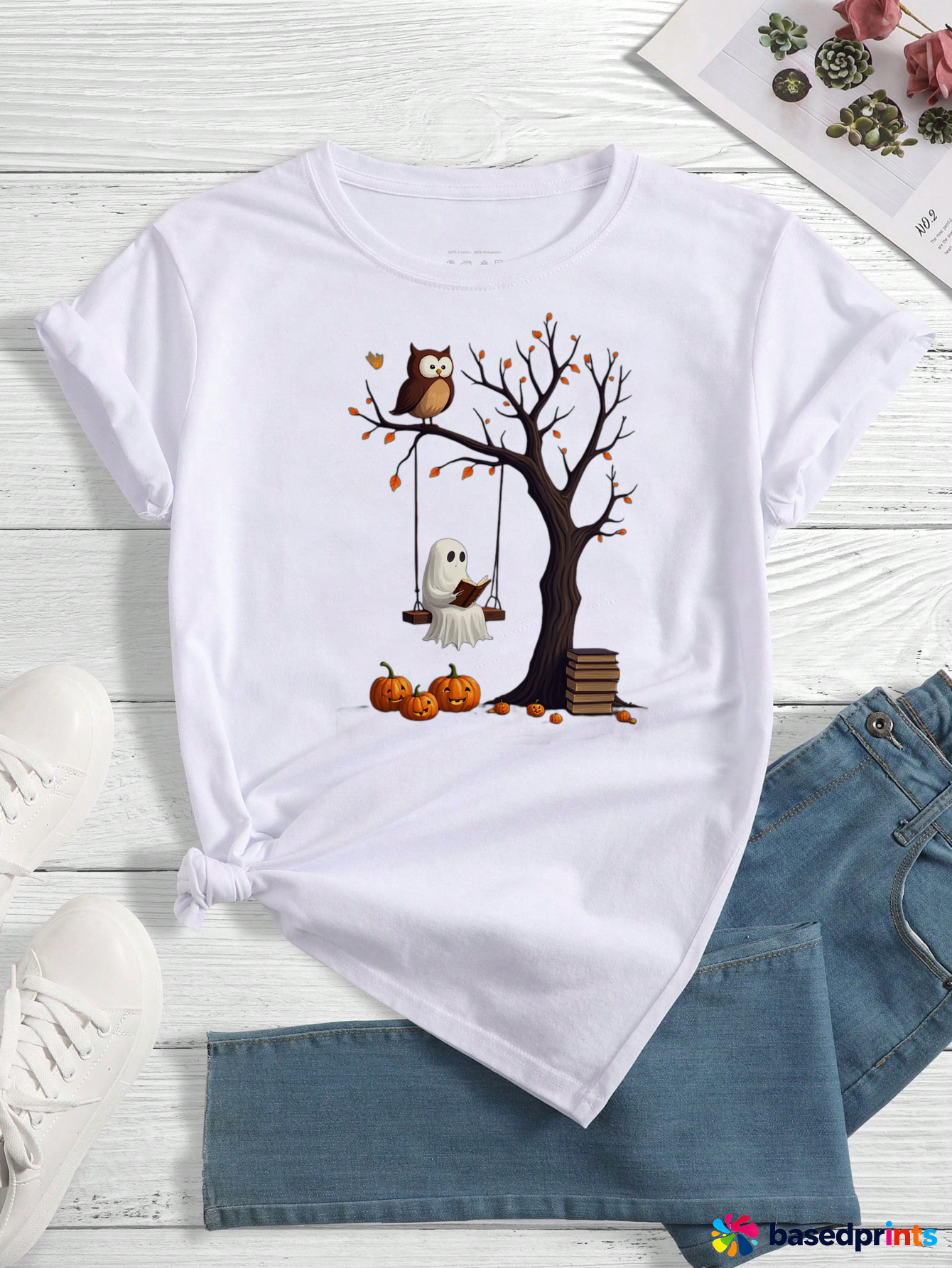 Halloween Ghost Owl Pumpkin Tree Swing T-Shirt