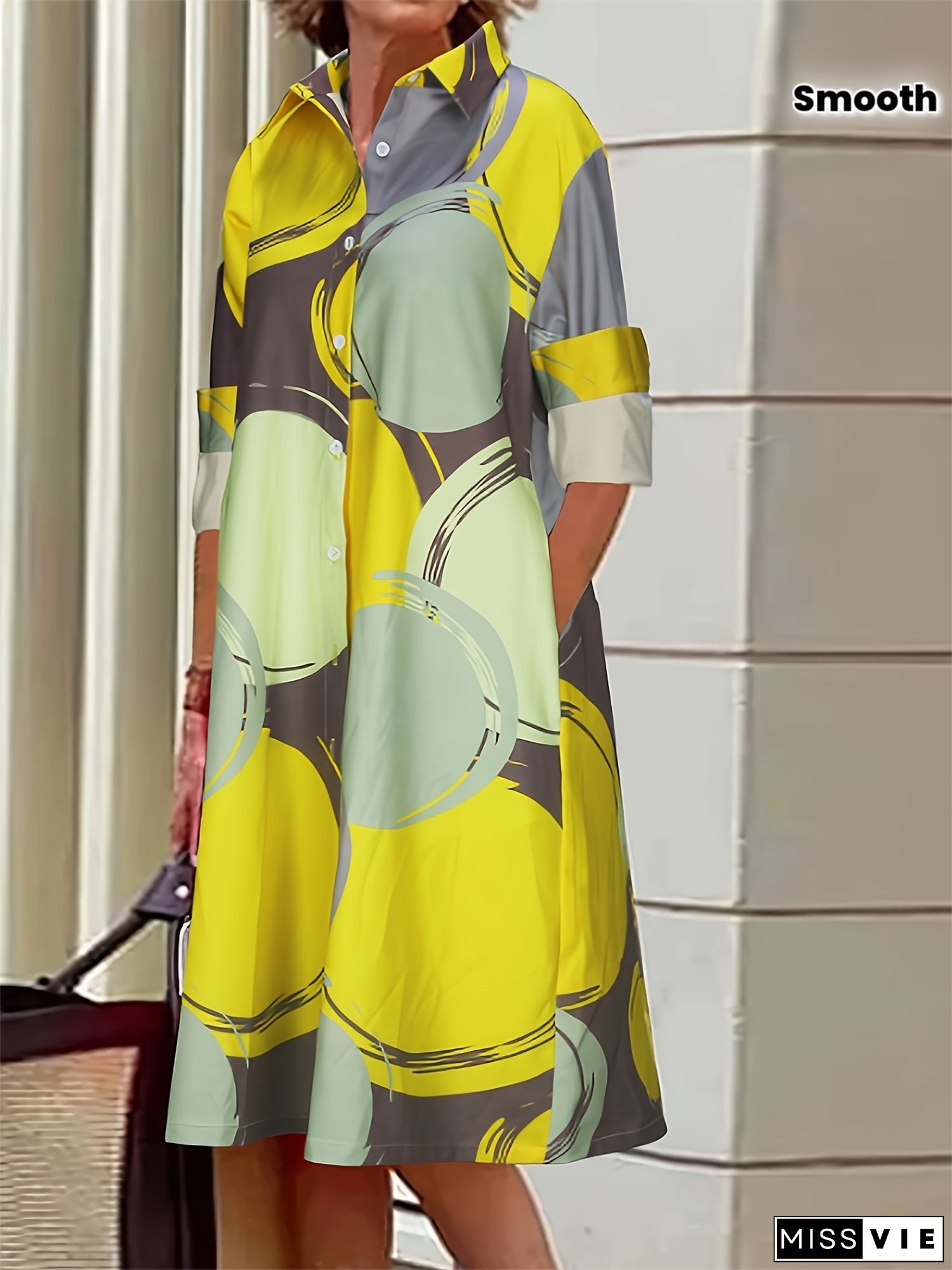 [Stylish Dress] Lightweight Polyester Women's Stylish Geometric Print Shirt Dress | Casual Loose Fit With Button Front, Long Sleeve For Spring/Summer | Bright Colorful Attire, Smooth Fabric Finish, Long Sleeve Dress