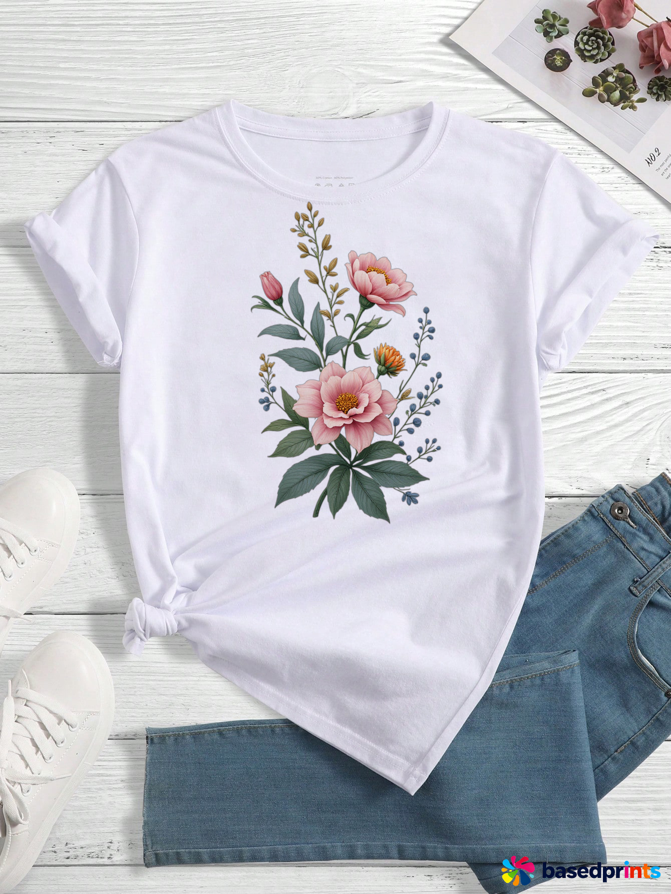 White Floral Print Short Sleeve T-Shirt Women's Casual Summer Tops
