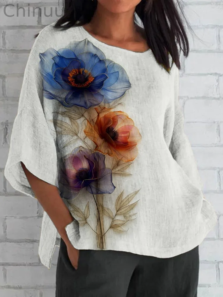 Classy Silky Flowers Art Linen Blend Tunic