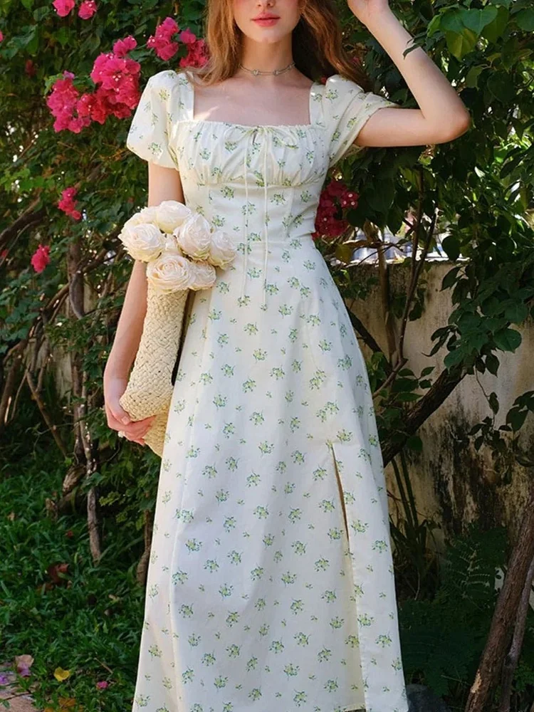 Square Neck Slit Floral Dress
