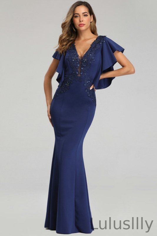Modern V-Neck Mermaid Prom Dress Long Evening Gowns With Appliques Ruffles - lulusllly