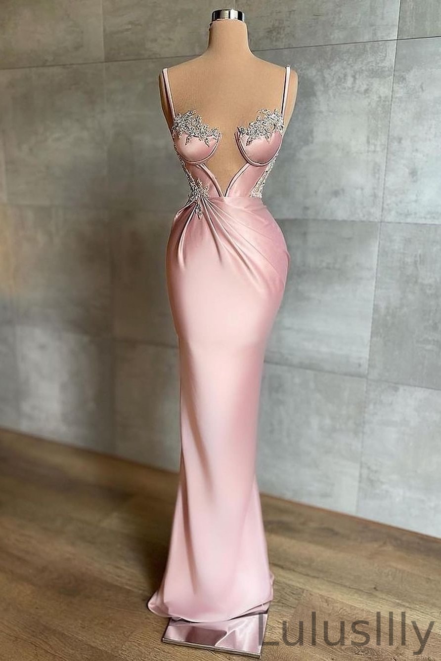 Gorgeous Pink Spaghetti-Straps Sleeveless Prom Dresss Mermaid With Appliques - lulusllly