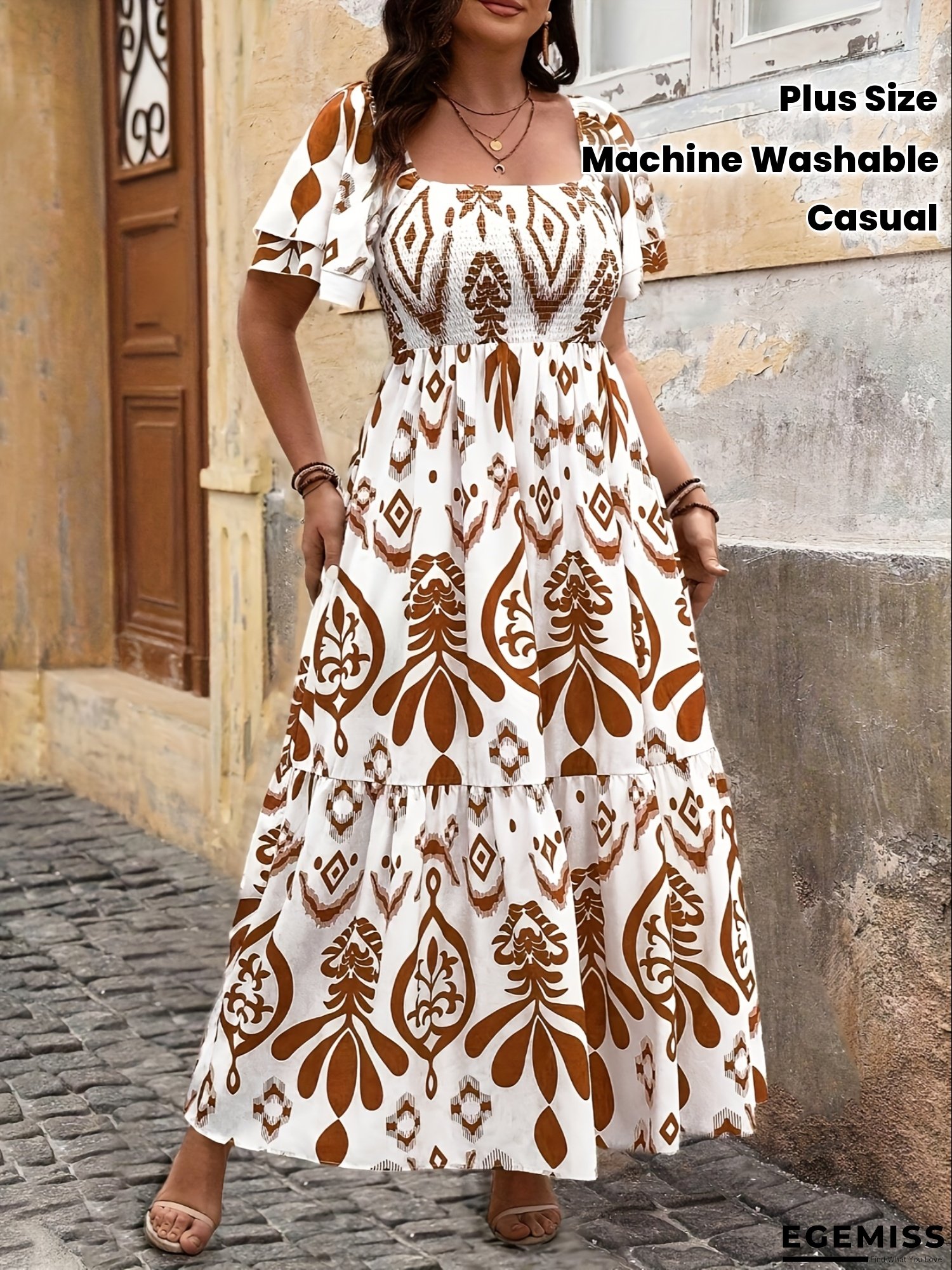 [Plus Size Bohemian Dress] Plus Size Bohemian Maxi Dress - Women's Flowy A-Line Brown Floral Print, Elegant Casual Summer Dress for Beach, Brunch, Everyday Outfits - Machine Washable Formal & Everyday Attire | EGEMISS