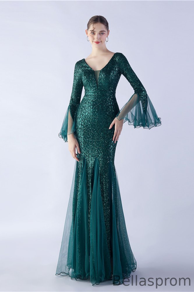 Bellasprom Long Sleeves Mermaid Prom Dress Sequins With Ruffle V-Neck Bellasprom