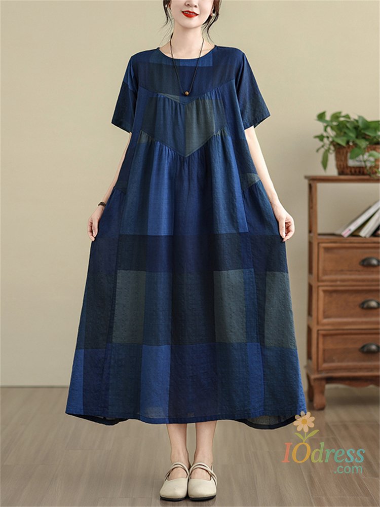 IO Dress Summer Cotton Vintage Casual Loose Blue Plaid Dresses For Women Short Sleeve Dress Femme Vestidos Elegant Fashion Long Clothing IO Dress