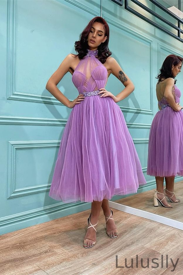 Luluslly Lavender High Neck Short Tulle Prom Dress