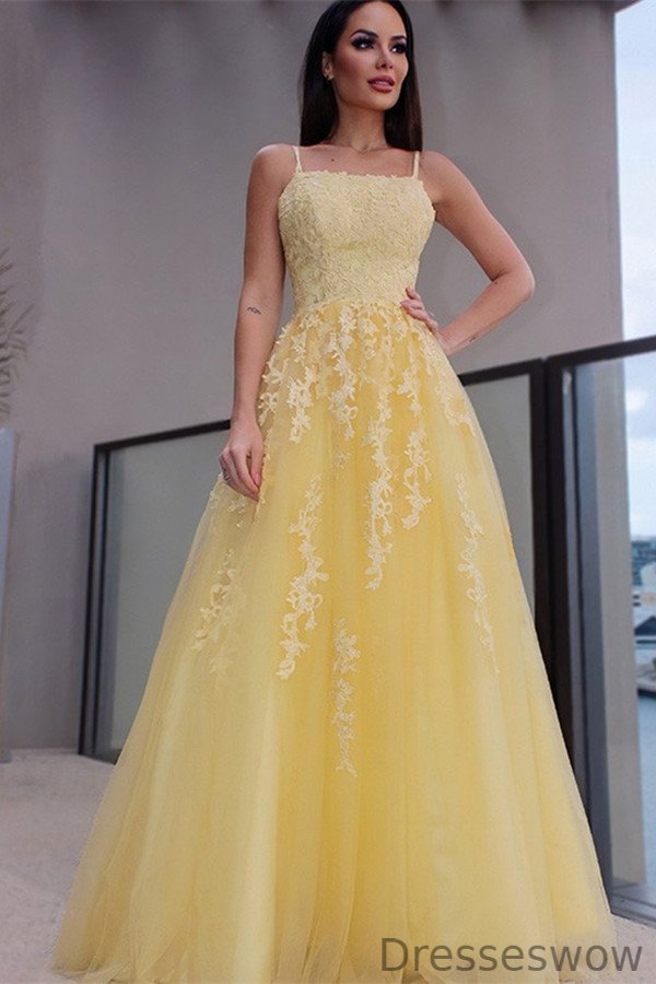 Dresseswow Spaghetti-Straps Appliques Long Evening Dress Lace-up