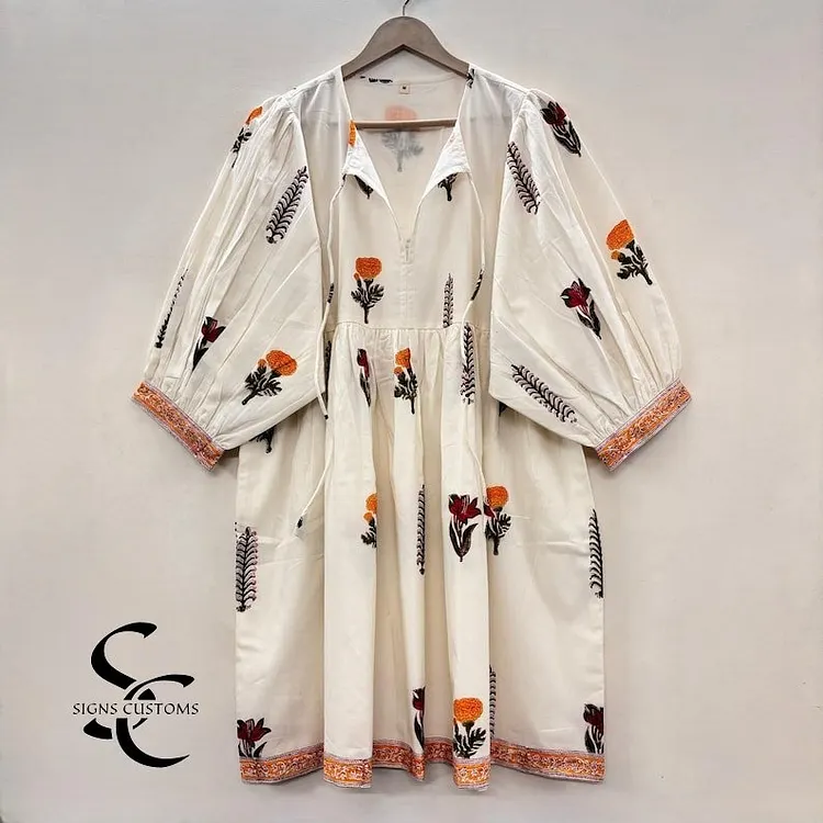 Yellow Floral Hand Block Print Woman Midi Dress &ndash; Bohemian Cotton Tunic for Women with String Closure and Full Lining