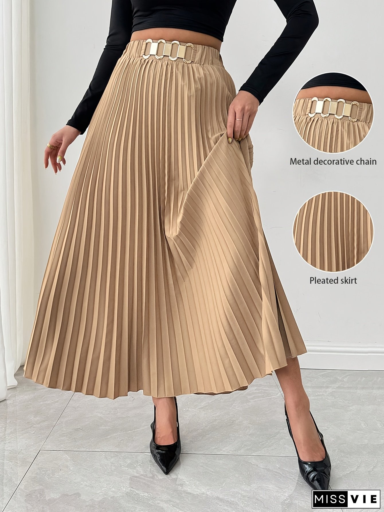 [Metal Chain Decor] Elegant Long Skirt | Polyester Spandex Blend | Pleated Hem, Metal Chain Decor | Loose Fit, Solid Color | Spring/Summer/Fall Season