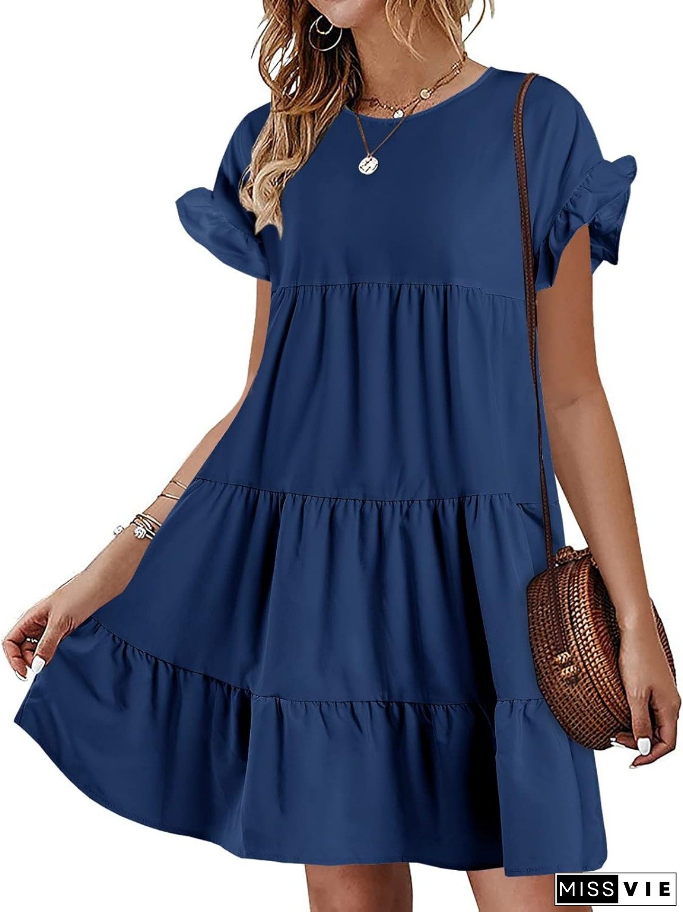 Womens Ruffles Boho Floral Printed Babydoll Loose Swing Casual Short Mini T-Shirt Dress