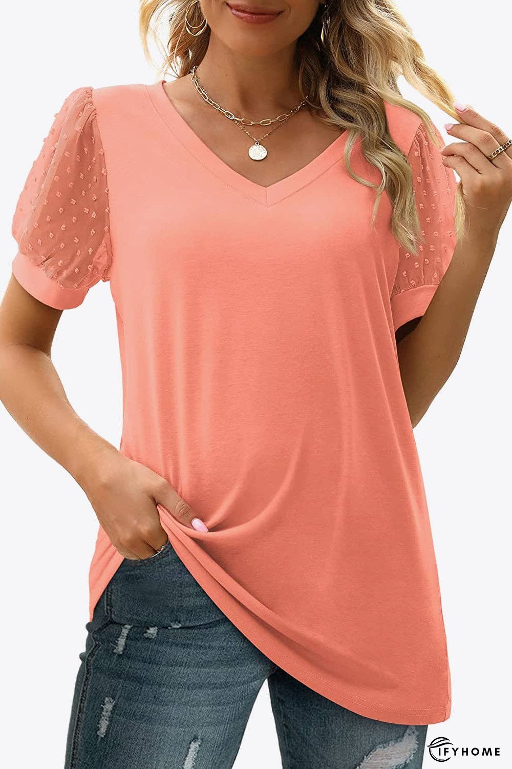 Swiss Dot Puff Sleeve V-Neck Tee | IFYHOME