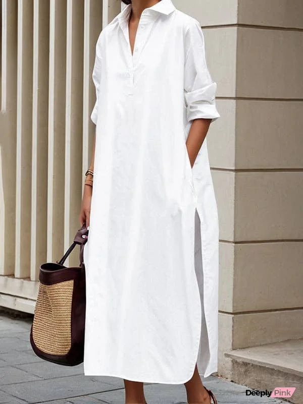 A-Line Long Sleeves Buttoned Pockets Solid Color Split-Side Lapel Midi Shirt Dresses