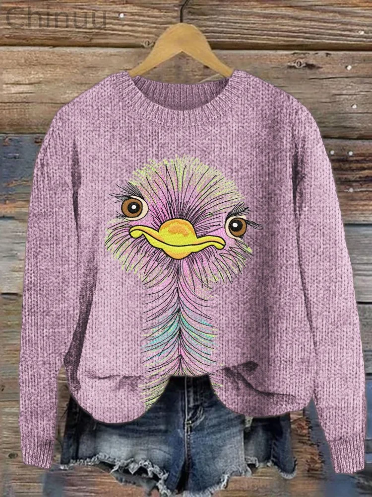 Ostrich Embroidery Crew Neck Sweater