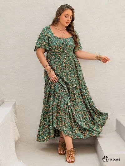 Plus Size Printed Short Sleeve Tiered Maxi Dress | IFYHOME