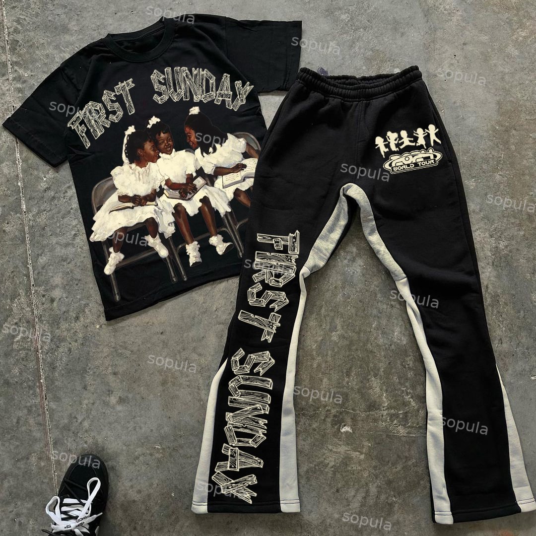 Sopula Vintage First Sunday Faith Graphic 100% Cotton Tee & Colorblock Flared Trousers Two Piece Set