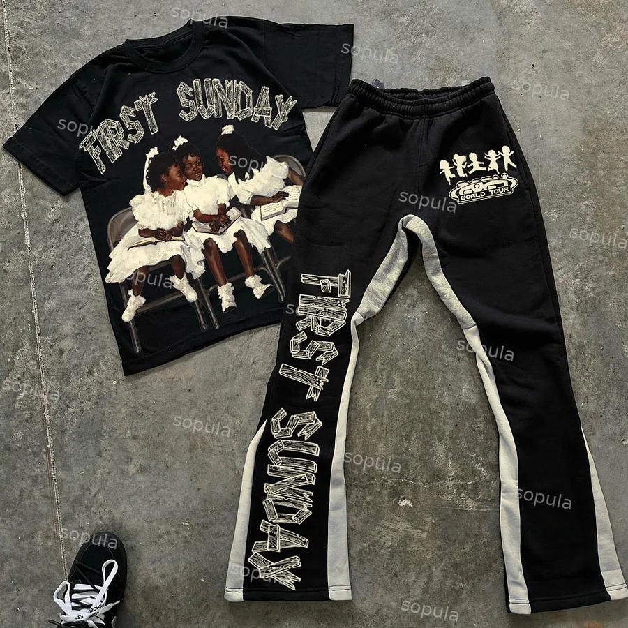 Sopula Vintage First Sunday Faith Graphic 100% Cotton Tee & Colorblock Flared Trousers Two Piece Set
