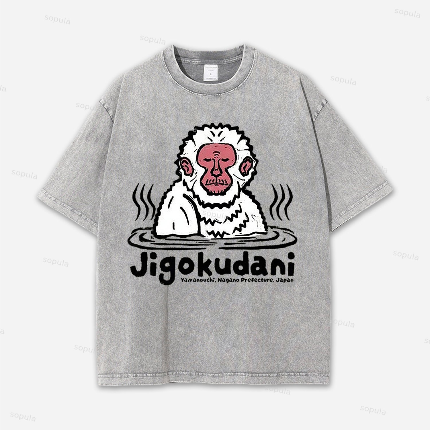 Japanese Hot Spring Monkey Graphics Acid Washed T-shirt