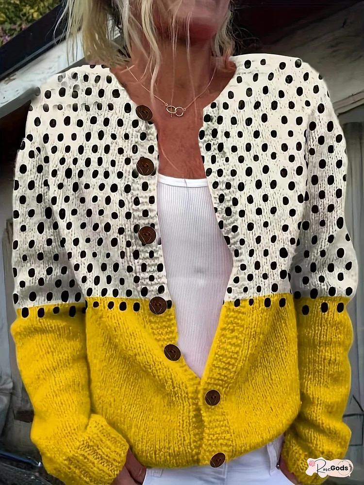 [3D Polka Dot Cardigan] Lightweight 3D Polka Dot Women's Cardigan | Two-Tone & Yellow Button-Front All-Season Sweater, Fashion Round Neck with Brown Buttons for Casual or Dressy Outfits, Outfit Enhancer, Youthful Style, Soft Texture
