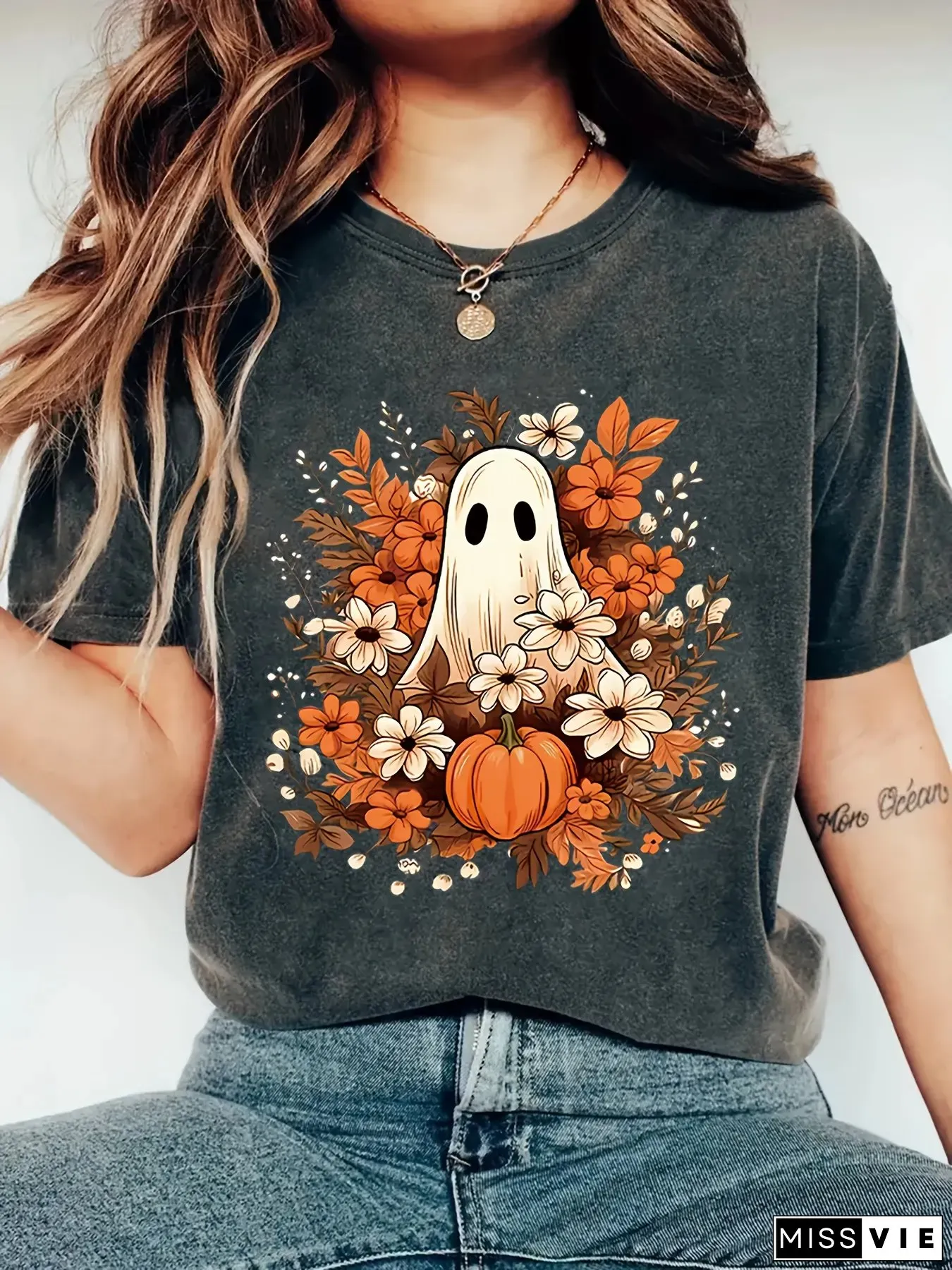 Womens Plus Size Halloween Graphic Print T-Shirts Oversized Casual Short Sleeve
