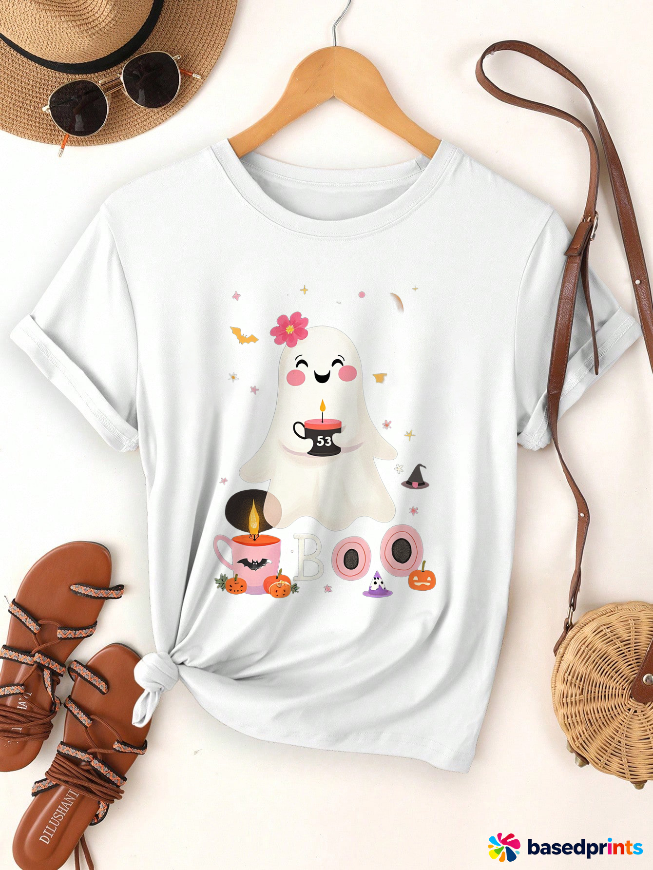 Cute Ghost Halloween T-Shirt Women's Short Sleeve Tee Casual Cotton Graphic Tee Shirts