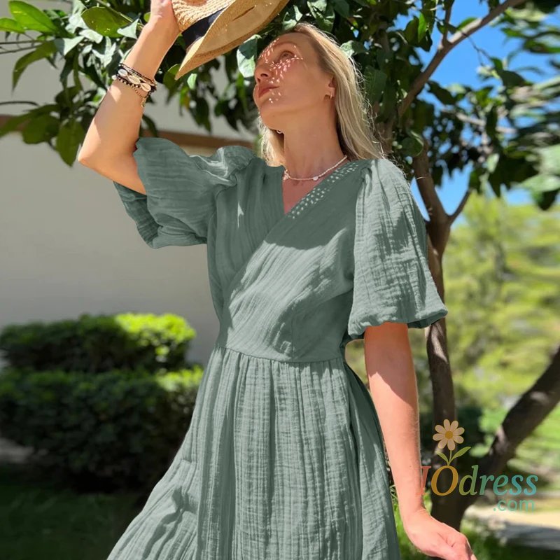 IO Dress Muslin 100% Cotton Gauze Long Dress For Women Sexy V-Neck Sweet Puff Sleeve Bandage Chic Elegant Party Beach Sundress IO Dress