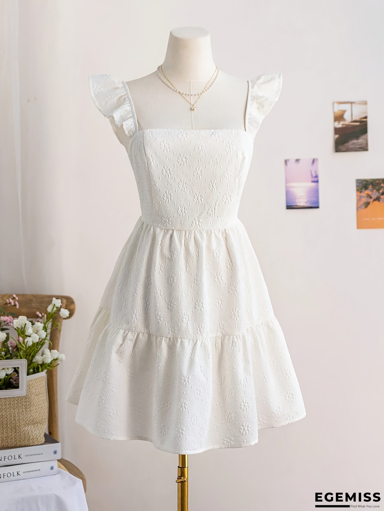 Women's Floral Jacquard Texture Mini Dress With Covered Sleeves, Open Back, Bow Design, Suitable For Spring And Summer Vacation, Party, Valentine's Day, Romantic Date, Afternoon Tea, Easter, Carnival, Beach Cruise, White Graduation Gown, Open Back Dress | EGEMISS