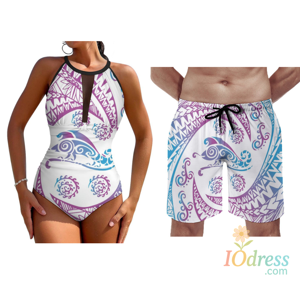 IO Dress 2024 New Swimsuit Couples Swimsuit Women's One-Piece Swimsuit Men's Beach Shorts Custom Polynesian Floral Print Seaside Suit