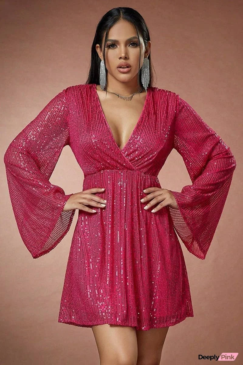 Sequin Long Sleeve Mesh Deep V Swing Dress