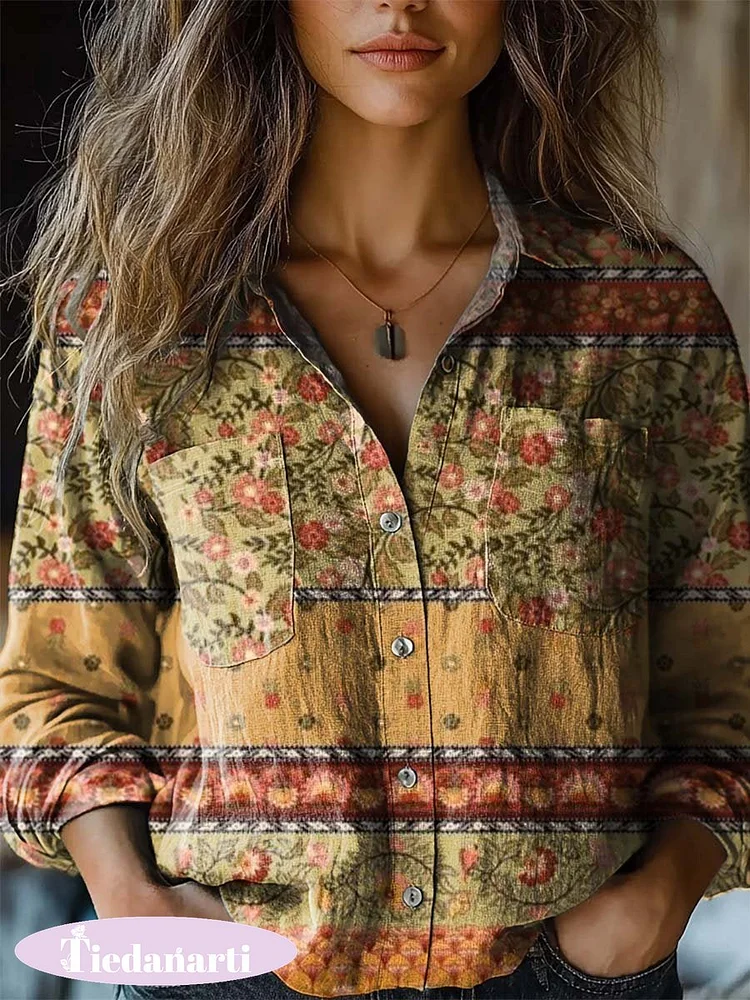 Women's Floral Patchwork Art Print Casual Long Sleeve Comfortable Cotton Shirt