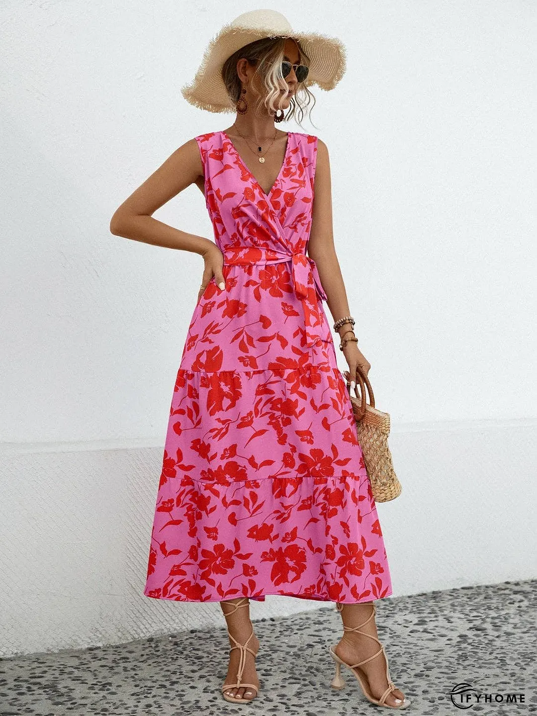 Tied Printed Surplice Tiered Dress | IFYHOME