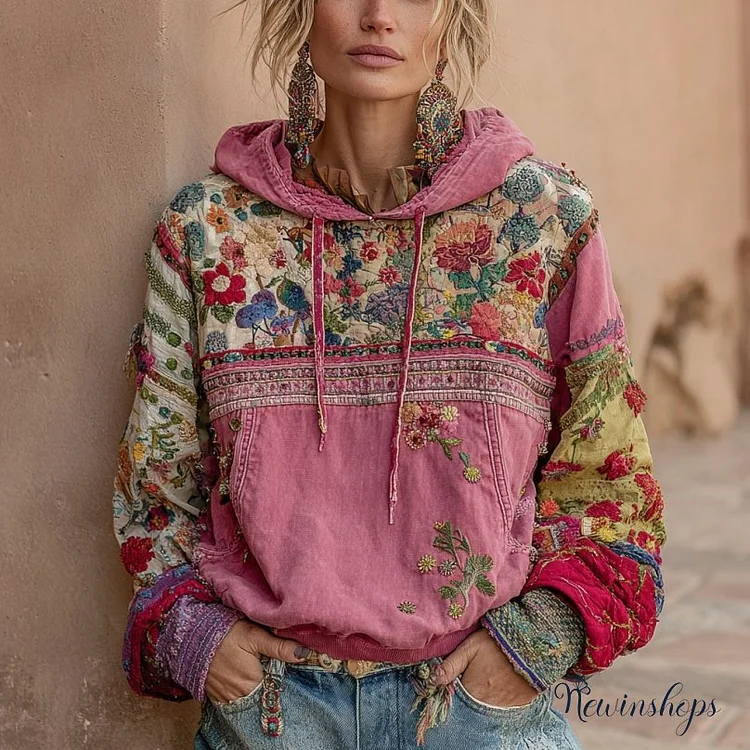 Women's Vintage Bohemian Floral Embroidery Patchwork Long Sleeve Casual Hoodie
