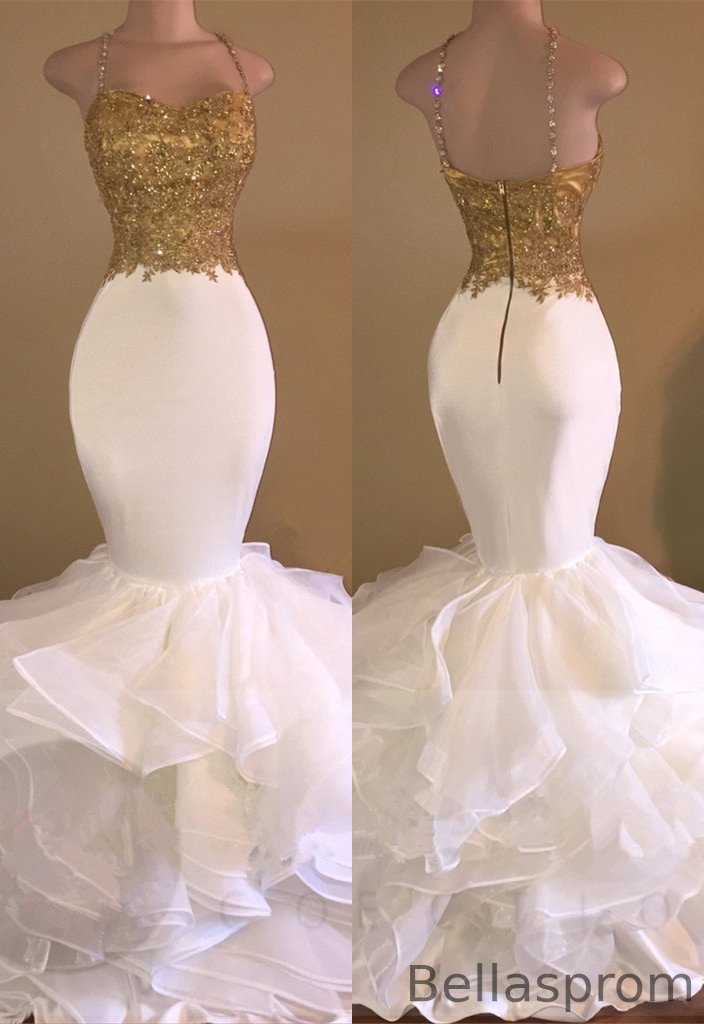 Bellasprom Gold Appliques Mermaid Prom Dress Sleeveless Spaghetti-Straps Bellasprom
