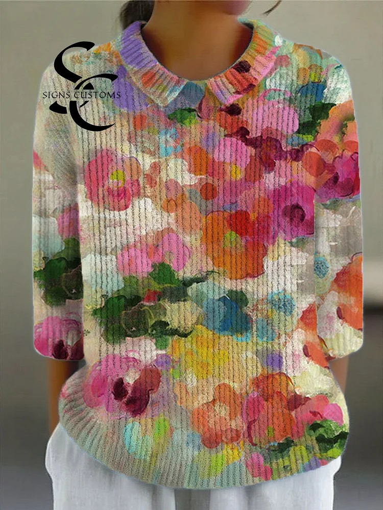 Women's Vintage Flower Art Print Casual Pullover Sweater