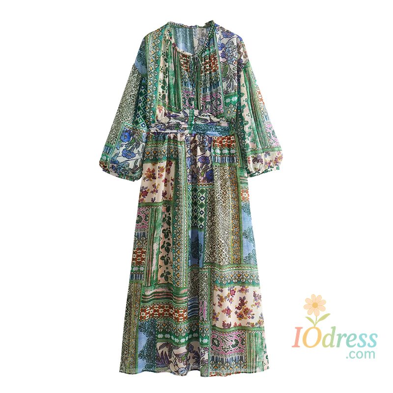 IO Dress Spring Autumn Long Sleeved Printed Dresses For Women Vintage Patchwork Casual Long Skirts 2024 New Female Loose Commuting Frocks