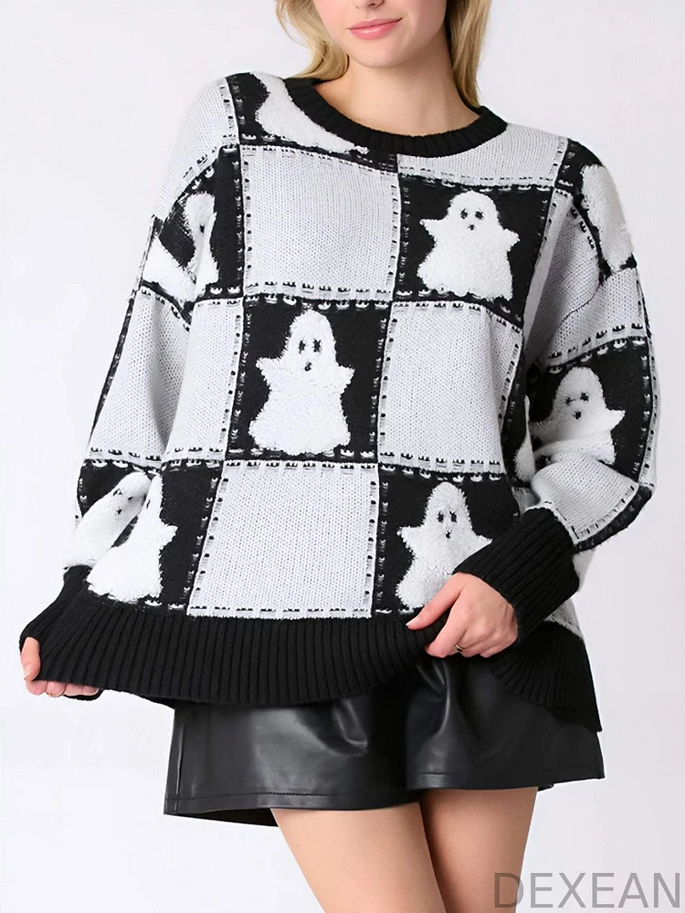 Women's Round-neck Halloween Ghost Plaid Pullover Knitted Sweater
