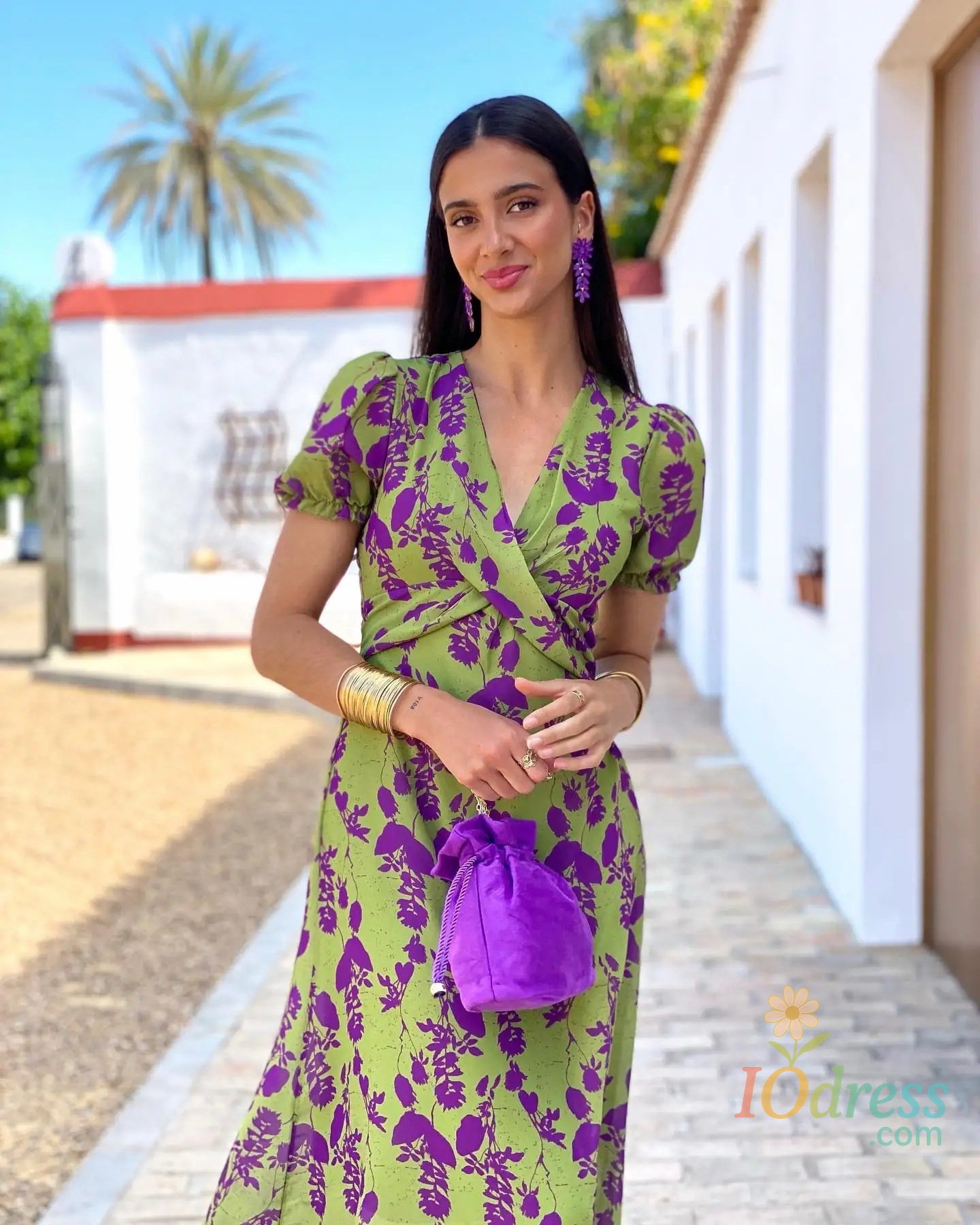 IO Dress Fashionable Contrast Printed Dress With Elegant Temperament, Slim V-Neck Short-Sleeved Sexy Casual Vacation Style Women'S Dress IO Dress