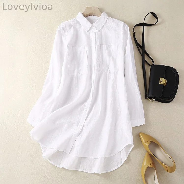 Cotton and linen lapel casual shirt