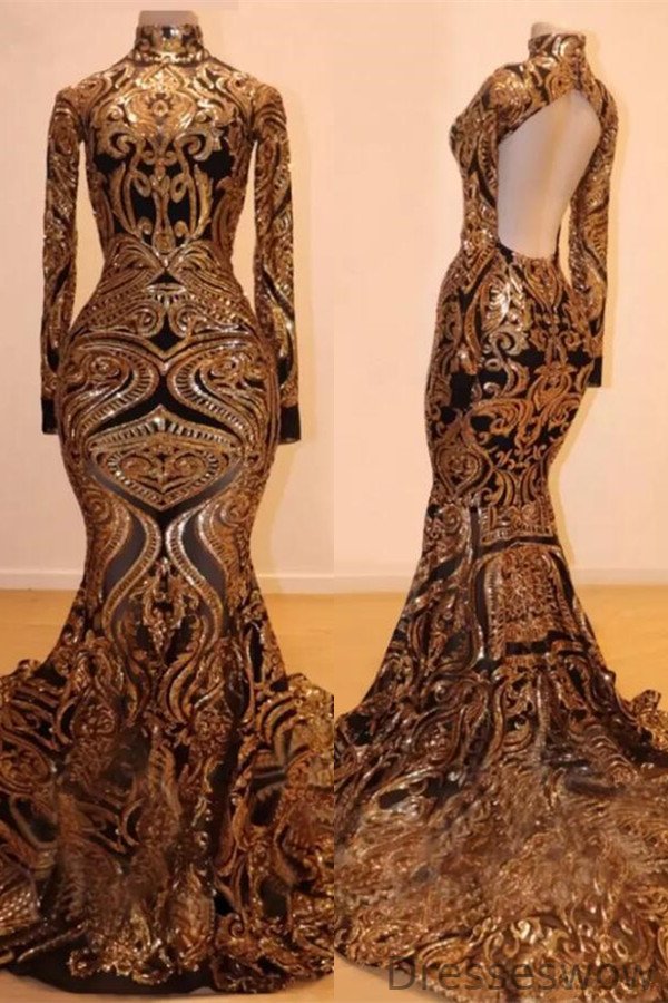 Dresseswow Long Sleeves Mermaid Evening Dress With Golden Sequins Lace Pattern