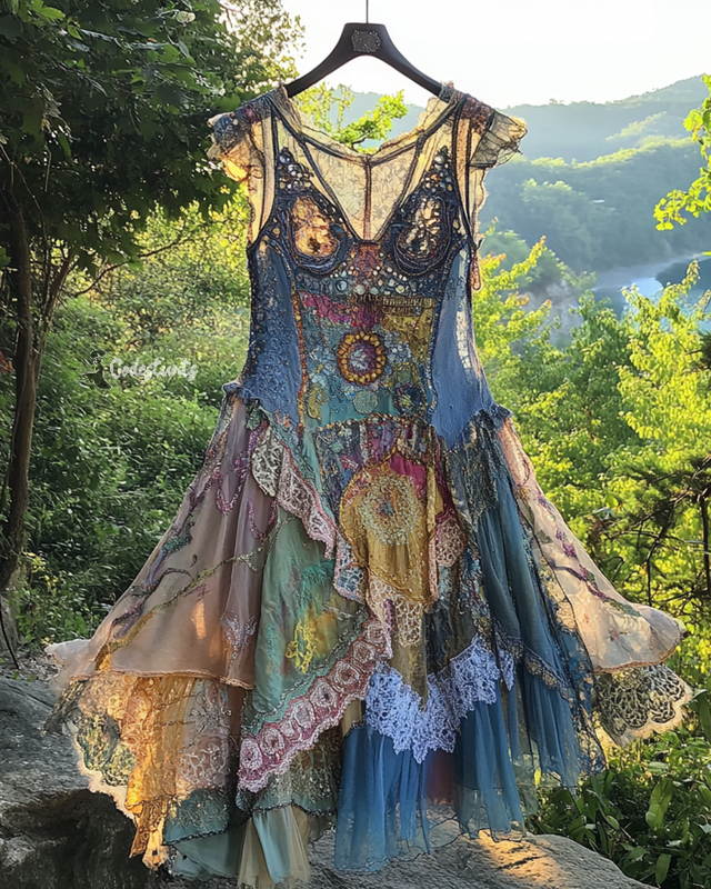 Summer Irregular Lace Patchwork BeadedRuffle Dress 26bd