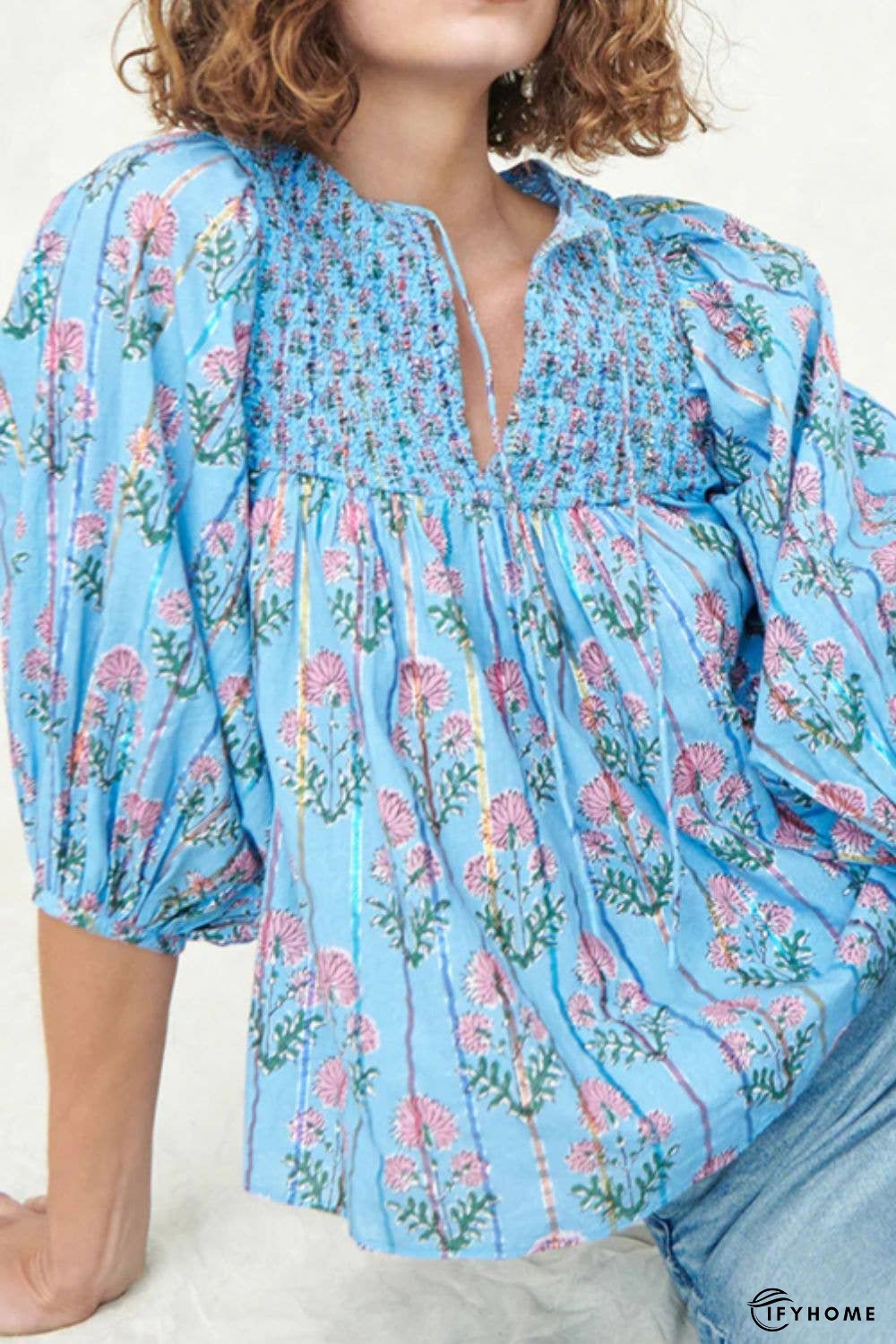 Smocked Floral Print Tie Neck Blouse | IFYHOME