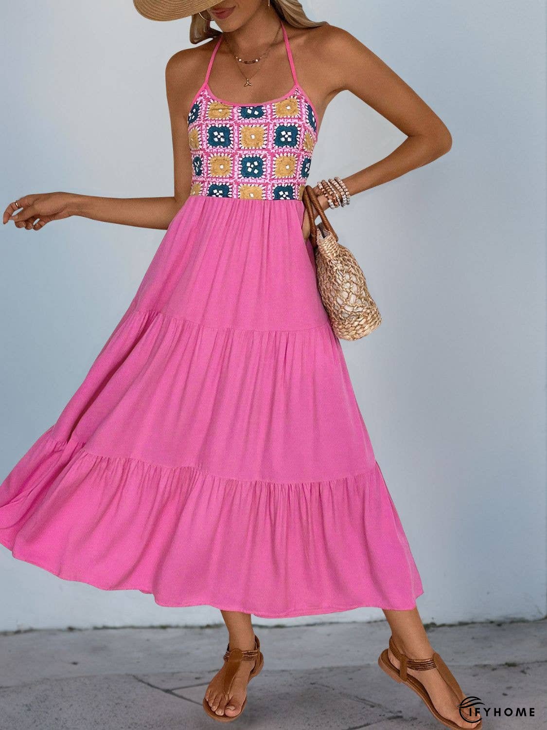 Perfee Printed Halter Neck Tiered Midi Dress | IFYHOME