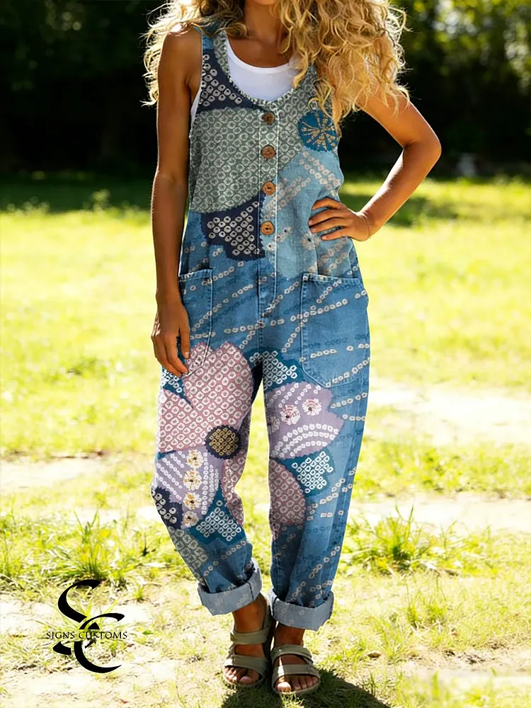 Women's Flowers Floral Casual Cotton Vest Denim Jumpsuit