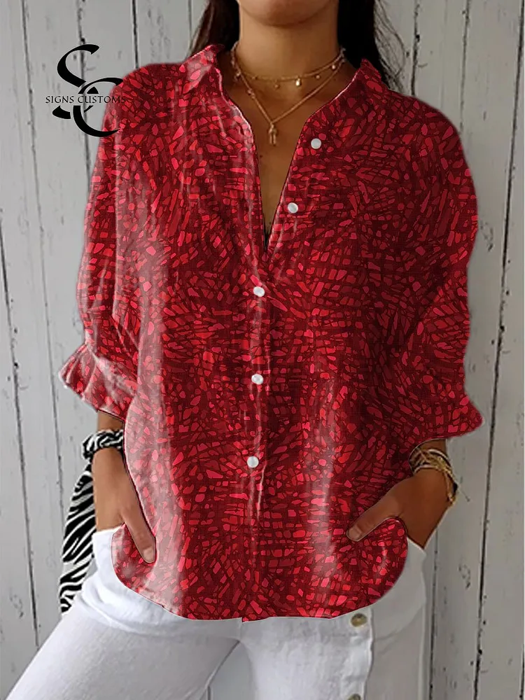 Women's Vintage Red Art Print Casual Linen V-neck Shirt