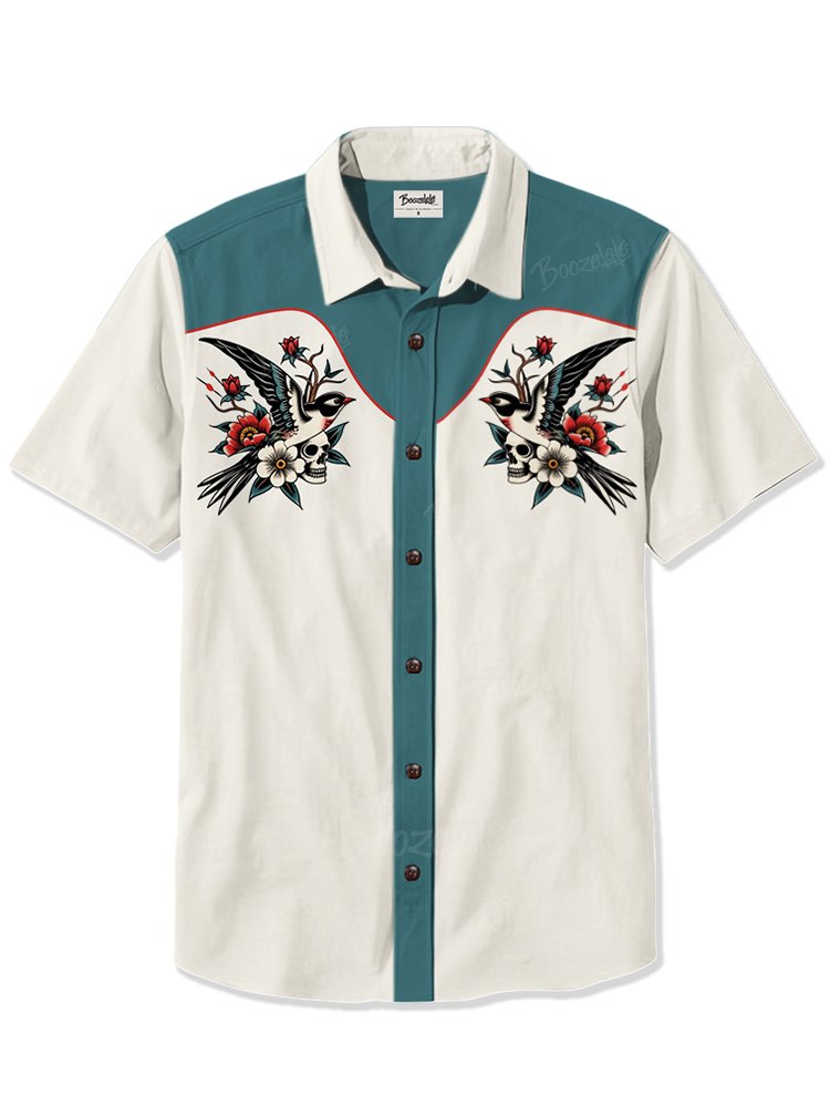 Retro Tattoo Skull And Bird - 100% Cotton Shirt