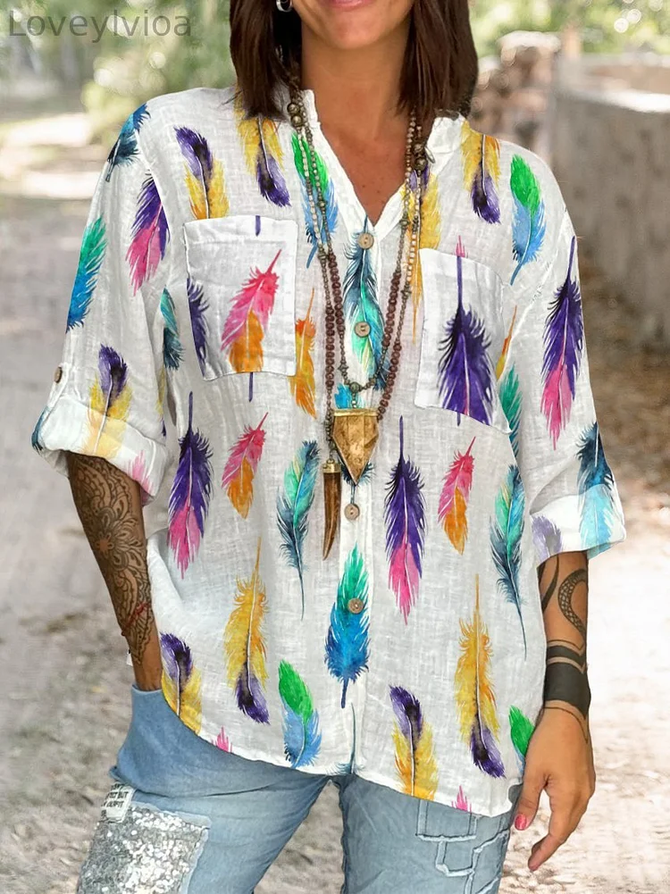 Women's Color Feather Print Casual Cotton And Linen Shirt